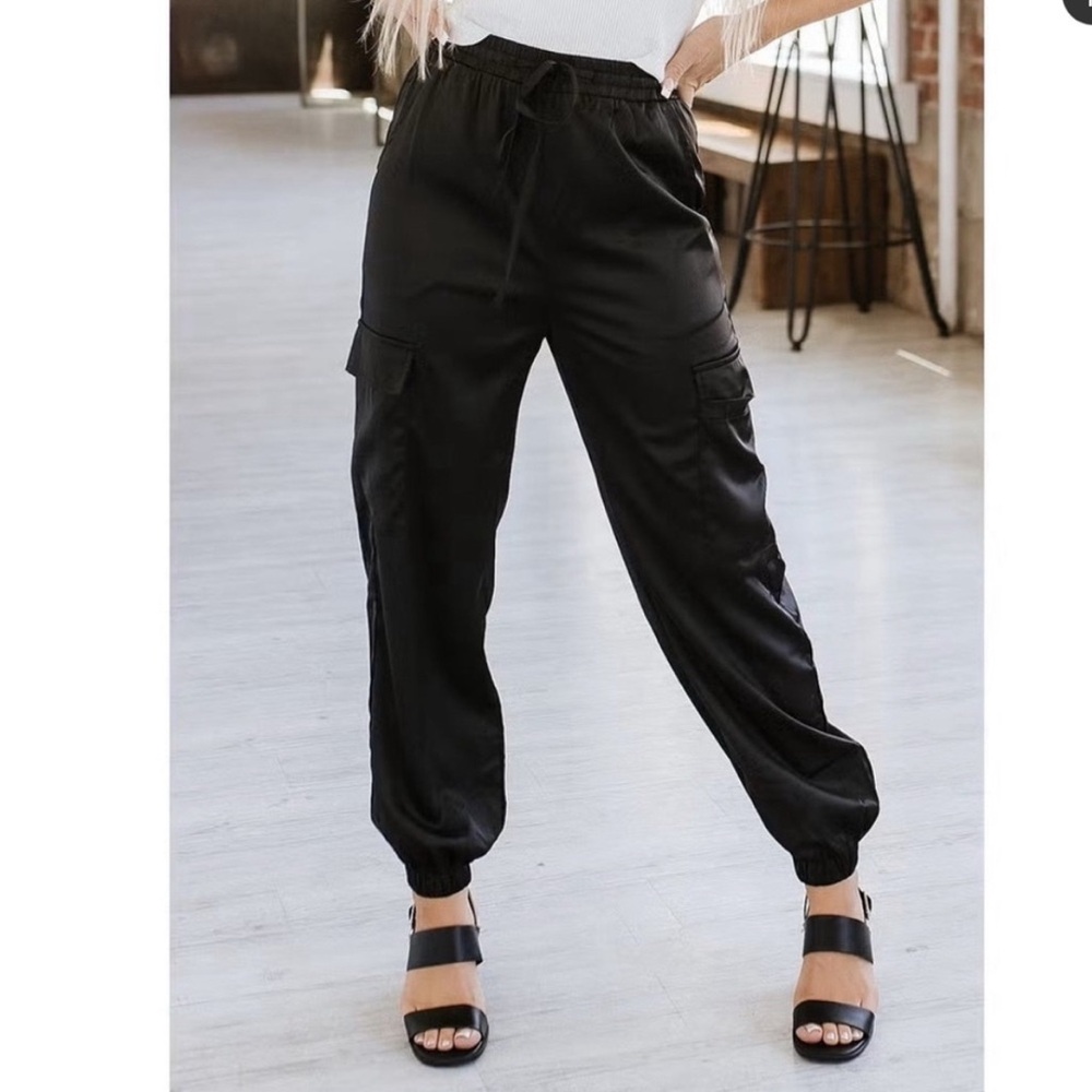 Liam & Co Satin Black Drawstring Pants